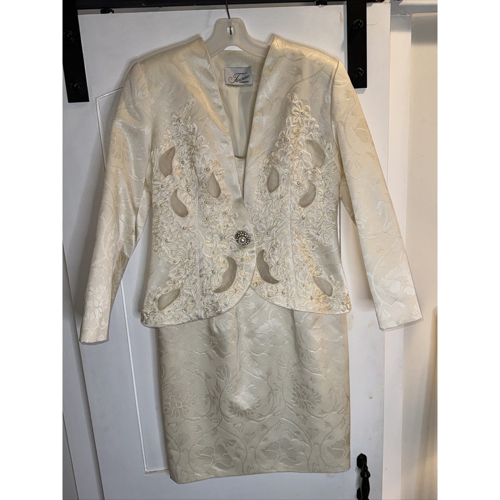 Farinae Collections Vintage Cream Jacquard Dress Jacket Set Beaded Lace Size 8